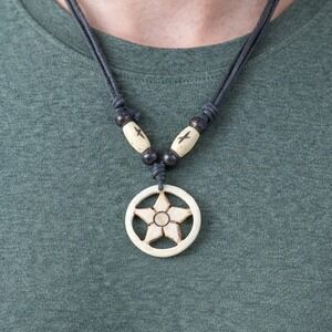 Vintage Carved Bone Flower Pendant Necklace on Cord